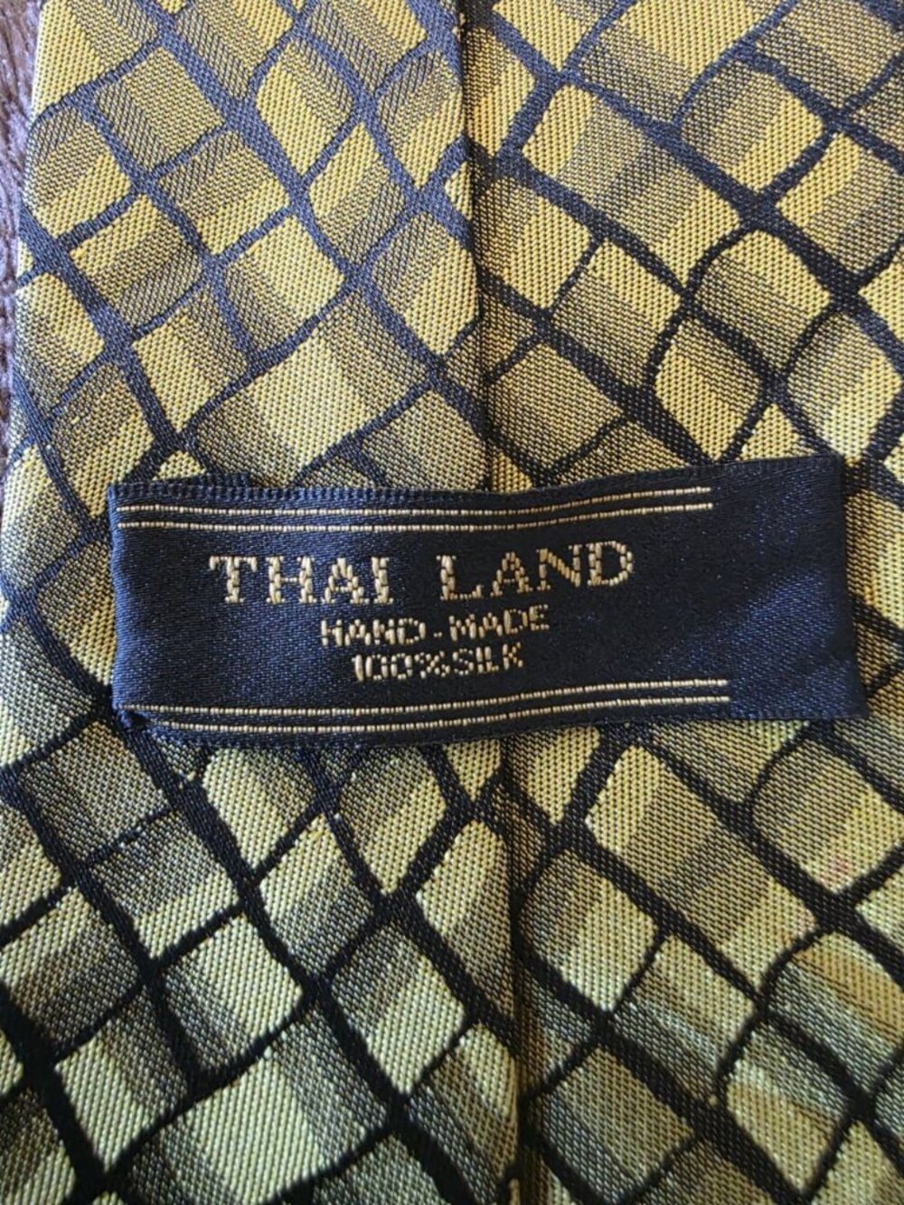 Thai Land Handmade 100% Silk Tie Gold Yellow Black Geometric Woven Necktie 57" - Picture 7 of 10